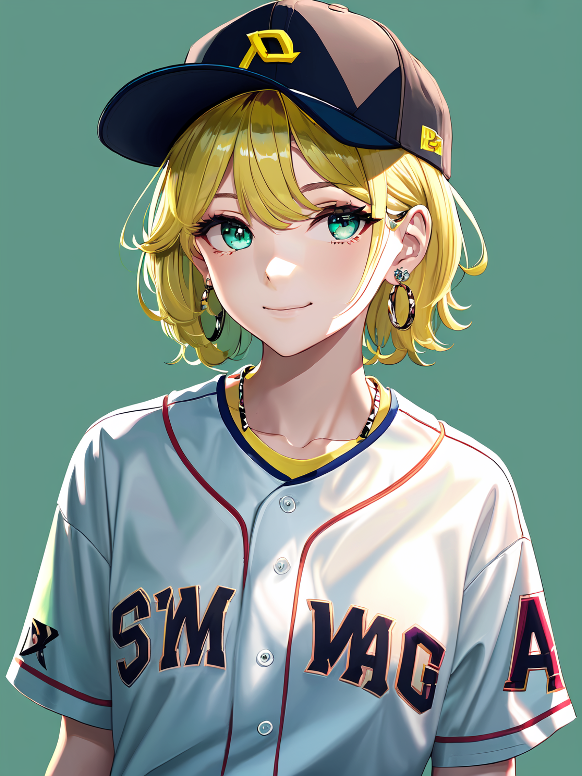 (anime, tone mapped:1.2),
1girl, aqua eyes, baseball cap, blonde hair, closed mouth, earrings, green background, hat, hoop...